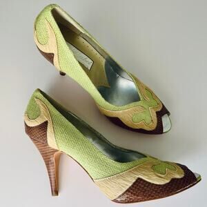 Vero Cuoio Western Patchwork Heels Peep Toe Snakeskin Stiletto Pumps Size 8 NWOB